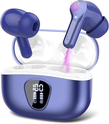 BESNOOW Ecouteurs Bluetooth sans Fil, Écouteurs 5.3 Oreillette Bluetooth Basses Immersives avec 4 ENC Mic, Casque sans Fil 40H avec Écran LED, Étanche IP7 Contrôle Tactile, Bleu Foncé