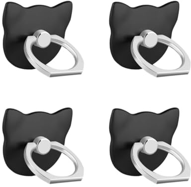 SUKADE 4 impugnature ad anello per telefono, 4 pezzi, girevoli a 360°, antiscivolo, a forma di gatto, con forte adesivo per smartphone (nero)