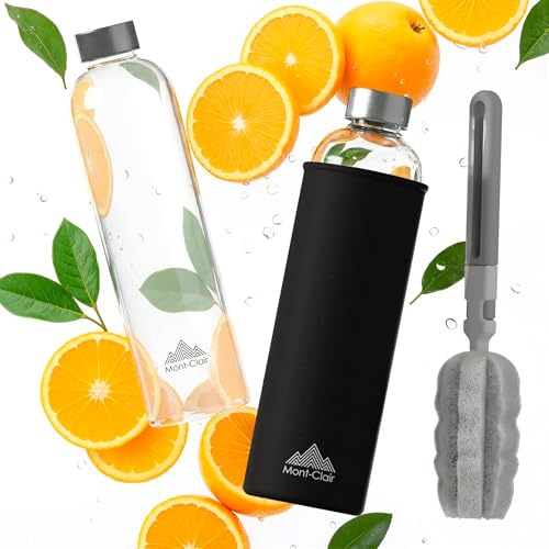 Mont-Clair Kristal Botella cristal de agua 1L - Botella vidrio borosilicato con funda de neopreno - A prueba de fugas + sin BPA - Bebidas frías y calientes - Ideal para viajes y gimnasio - Negro