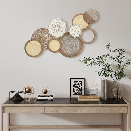 HOMCOM Décoration murale en bois moderne, sculpture murale en bois géométrique, design unique à plusieurs disques, suspendu décor pour salon, chambre à coucher, bureau, 83,8 x 44,5 cm, bois naturel