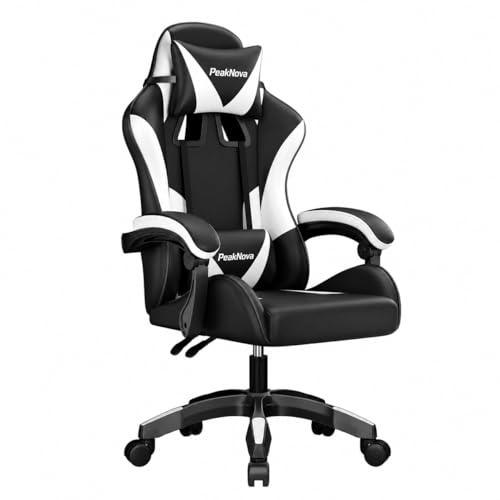 EaseZen VitaForge Gaming Chair, Ergonomic High-Back Racing Style Computer Chair with Adjustable Headrest & Lumbar Support, PU Leather Swivel Desk Chair for Adults, Black and White