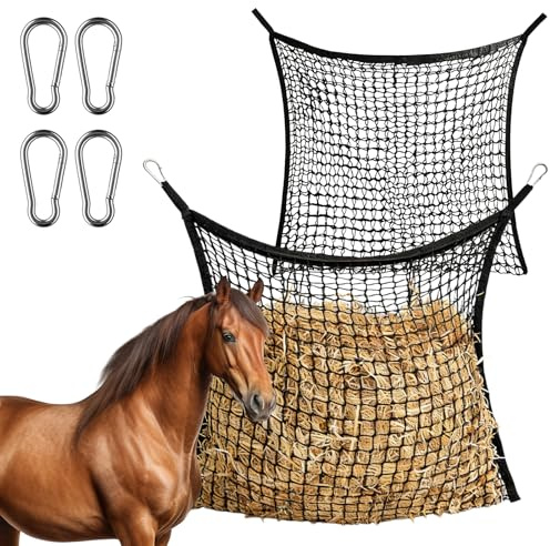 Uppsättning av 2 hönsnät för hästar, 90 x 80 cm hönsnät nätmaskigt fodernät, Hay nätfoder med 4 karbinhakar för stallet och pil, svart, slitstarkt material