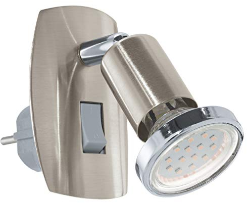 EGLO Steckdosenspot Mini, 1 flammige Steckerleuchte, Steckdosenlampe aus Stahl, Farbe: Nickel matt, chrom, Fassung: GU10, inkl. Schalter
