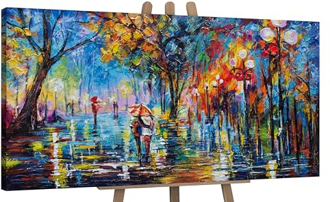YS-Art Arte astratta moderna Vicolo d'autunno Pittura acrilica su tela Dipinta a mano Paesaggio urbano Motivo autunnale Colori vivaci 140x70 cm
