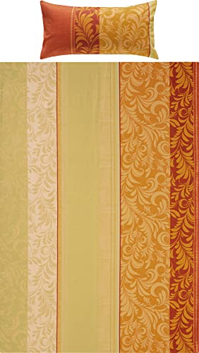 Erwin Müller Flanell Bettwäsche, Bettgarnitur Ranken gelb-orange Größe 40x80 cm / 135x200 cm - Wendekissenbezug, temperaturausgleichend, mit Reißverschluss, wohlig warm