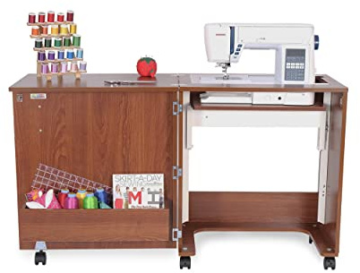 Arrow Sewing Classic Furniture “Judy” Sewing Cabinet: Portable, Folding, Compact, Locking Wheels, with Storage Bin and Hydraulic Machine Lift-Teak