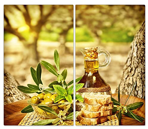 DecoCat Glas-Herdabdeckplatte Ceranfeld Kochfeldabdeckung Herdabdeckung Induktionsschutz Schneideplatte 2 x 30x52 cm Zweiteilig Olivenhain Öl Grün