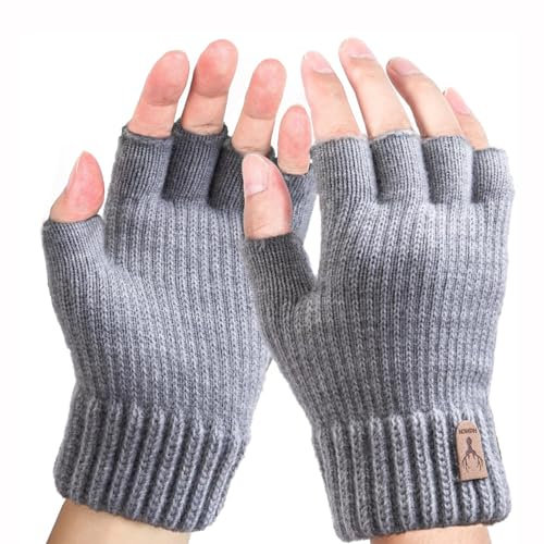Fingerlose Handschuhe Herren – Winter Handschuhe Ohne Fingerkuppen Warm Thermo Strickhandschuhe Halbfinger-Handschuhe für Laufen Radfahren Outdoor