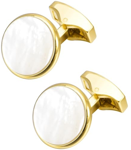 Jonwo Silver / 14K Gold Plated Natural Mother of Pearl Cufflinks for Men Women Classic Round Men's Cufflinks Jewelry for Wedding Party Anniversary Business Events Tuxedo Dress (Golden Cufflinks)