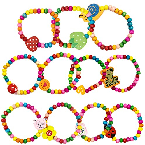 EASYKEENECOM 12Pcs Colourful Wooden Bracelets Set, kids bracelet,Kids Fashion Jewelry,Party Bag and Stocking Fillers Loot