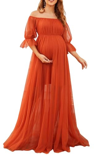 Fiacafyo Robe de maternité à manches longues et épaules dénudées pour femme - Robe longue en tulle avec manches à volants en dentelle - Robe de grossesse pour séance photo, S