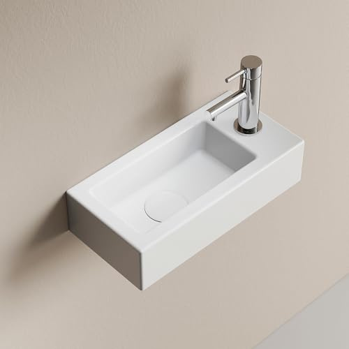 EMKE Lavabo colgante 365 x 180 x 90 mm - Lavabo compacto y elegante para baños pequeños y WC invitados - Grifo derecho instalación en pared, color blanco brillante