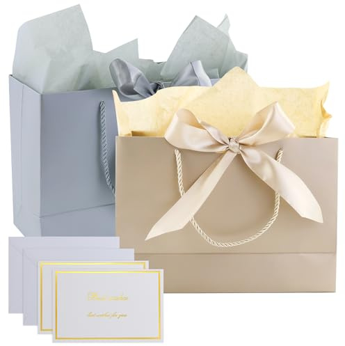 Bolsas de regalo con asa – 2 bolsas de regalo + 2 tarjetas de felicitación + 4 papel de seda con 2 sobres, bolsas de papel con asa, envoltorio de regalo para regalo, cumpleaños, celebración, boda