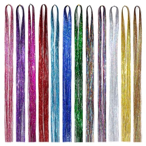 SYEYCW 12 Pieces 2400 Strands Hair Tinsel, 93 cm / 36.6 inch Hair Glitter Strands, Shiny Colorful Straight Hairs Extensions, Accessories for Christmas New Year Halloween Cosplay Party, 12 Colors