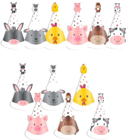 Palumma Juego de 24 sombreros de fiesta de animales de granja con 6 diseños de animales, caballo, pollo, pato, oveja, vaca, cerdo y bandas elásticas para decoraciones de fiesta de cumpleaños