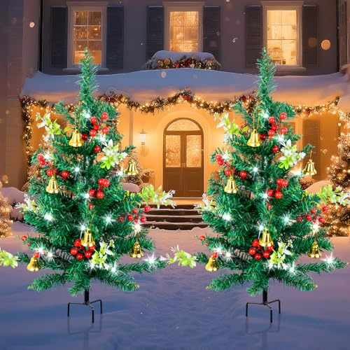 Qoosea Árbol de Navidad Luces de Jardín, 2 Piezas Árbol de Navidad con LED Cadena de Luces 8 Modos, Lámparas Exterior Iluminación IP65 Impermeable, Decoración de Navidad para Patio, Césped y Caminos