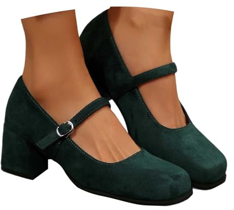 Traditionella skor, dam, höga klackar, pumps, brudskor, stängda, eleganta och bekväma, Dirndl-skor, spännpumps, platå, dansskor, breda fötter, brudskor, bröllopsskor, breda H höga skor, 3 C mörkgrön