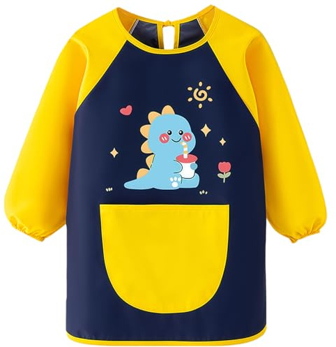 Zuipwpt Tablier Peinture Enfant 3-8 Ans,Blouse Enfant Peinture avec Poches,Imperméable Tablier Enfant pour École,Peinture,Cuisine,Pour 3 4 5 6 7 8 Ans Garçon Fille (Dinosaure-xin)