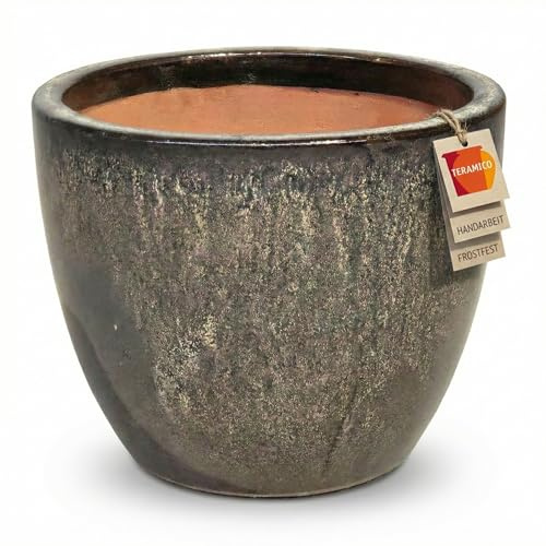Teramico Vaso per piante in ceramica smaltata, 100% resistente al gelo e fatto a mano. Fioriera con foro per esterni e interni. Vaso di alta qualità, unico, resistente all'inverno (muschio marrone, 48