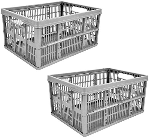 CrazyGadget 2 x 32L Plastic Folding Storage Container Basket Crate Box Stack Foldable Portable SILVER