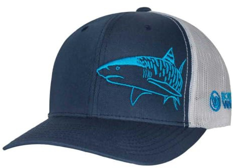 Tiger Shark Scuba Diving Trucker Hat: Mens Adjustable Snapback for Fishing, Spearfishing - Navy/White