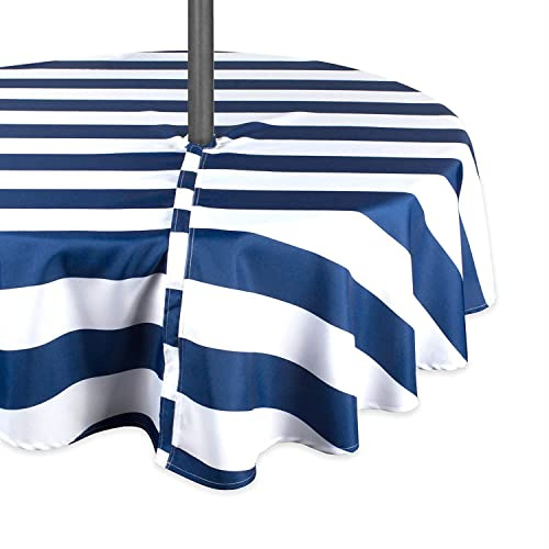 DII Cabana Stripe Outdoor Zippered Tabletop Collection, Stain/Wrinkle Resistant & Waterproof, 60 Round, Nautical Blue