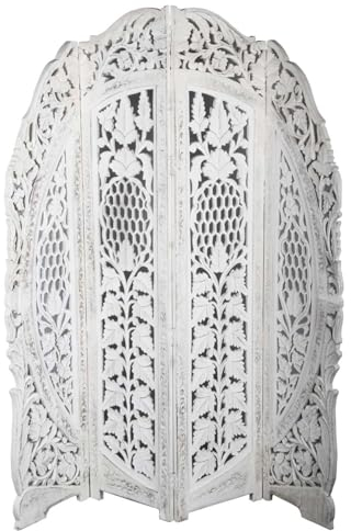 Casa Moro Orientalischer Paravent Raumteiler Samrina weiß 153x182 cm 4 teilig aus Massiv-Holz & MDF handgeschnitzt | Indische Trennwand als Raumtrenner & schöne Dekoration | Kunsthandwerk | PV7020