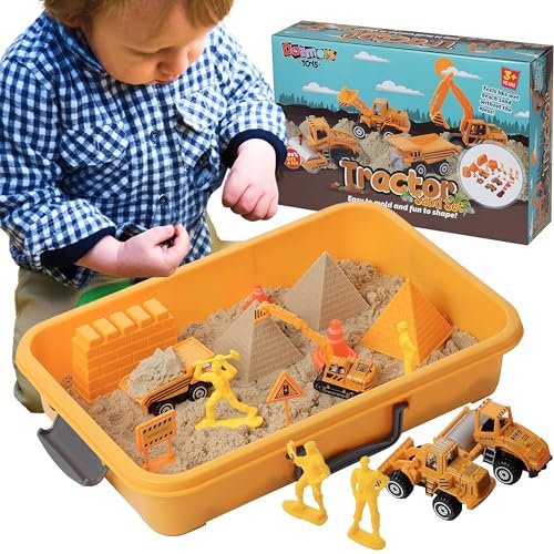 Tractor Sand Play Set, Sensory Toys for Kids W/ 2 Lbs of Sand, Construction Signs & Cones, Working Figures, 4 Mold Set and Road Roller, Dump Truck, Excavator & Bulldozer for 3, 4, 5 Year Old Toddlers