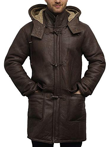 BRANDSLOCK Mens Real Shearling Sheepskin Leather Warm Duffle Trench Coat (Brown & Brown, XXL)