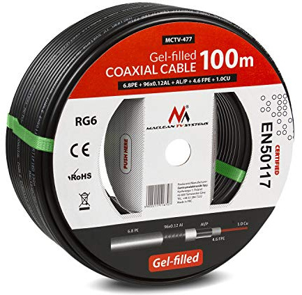 Maclean MCTV-477 Cavo Coassiale Per Installazioni di Antenne RG6 100M 1.0CU + 4.6FPE + AL/P + 96 * 0.12AL + 6.8PE