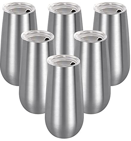 6 Pack Stemless Double Insulated Champagne Flute Tumbler with Lid, 6 Oz Unbreakable Reusable Cocktail Cups Champagne Toasting Glasses, Birthday Christmas Gifts for Friends, Wine Glass Tumbler, Silver