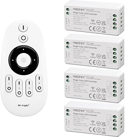 LIGHTEU®, kit de control remoto Milight Miboxer: paquete de 4 controladores de atenuación de un solo color con 1 control remoto inalámbrico RF de 4 zonas 4x fut036S + fut007