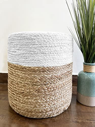 S & L Homes Pouf Ottoman - 100% Jute Braided Footrest Pouf Hand Knitted Traditional Cord Boho Pouffe for Living Room, Bedroom, Nursery, Patio, Lounge Colorblock - Natural Ivory (16”x16”x16”)