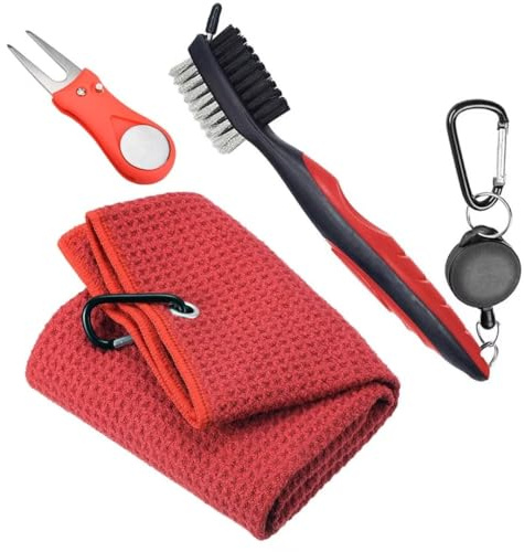 Berfea Accessoires de golf Ensemble de nettoyage 3 en 1 pour club de golf, brosse nettoyante avec nettoyeur de rainures, serviette de golf, outil pliable de réparation de divots de golf, cadeaux de