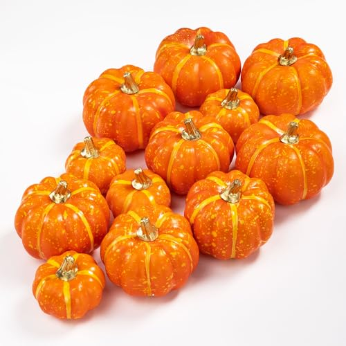 Benjia Decorazioni Autunno Zucca, Mini Piccola Autunnali Zucca Artificiale per il Raccolto Autunnale Halloween Ringraziamento Zucche Finte Decorazione della Tavola di Casa (12 Pezzi, Arancione)