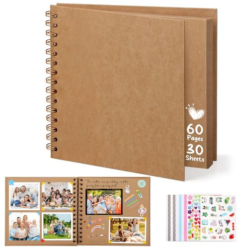 DazSpirit Album Photo Scrapbooking, 8-inch Album Photo Personnalisable, Carrée DIY Livre Scrapbooking avec 5 Autocollants, Livre d'or Anniversaire Photo pour Mariage et Bébés, Marron, 60 Pages