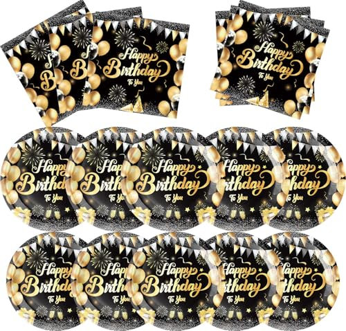 APDECCLK Black and Gold Birthday Party Decorations Tableware Set, Includes Plates and Napkins for 10 Guests