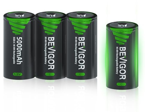 BEVIGOR Rechargeable C Batteries, 5000mAh 1.2V NiMH Precharged C Cell Batteries, Low Self Discharge Recharge up to 1300x Times, 4 Pack