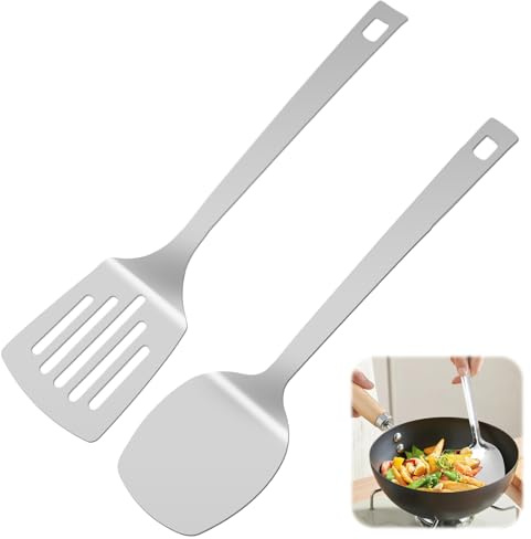 2 stycken stekspade i rostfritt stål, massiv stekspade av rostfritt stål och slitsad metall med upphängningshål, kökspatel för non-stick-köksredskap, diskmaskinssäker