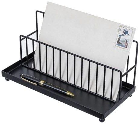 MyGift Industrial Matte Black Metal Wire Tabletop Mail Holder and Pen Storage Tray, Home Office Desk Accessories Organizer with Letter Card Envelope Rack