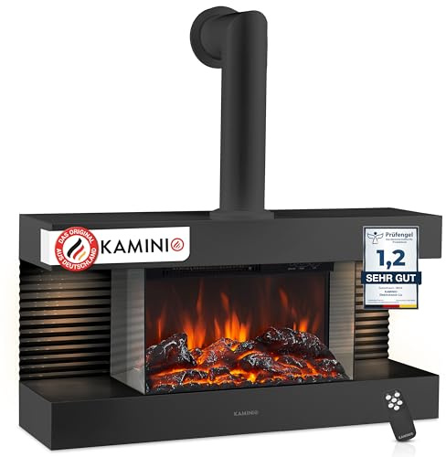 KAMINIO Camino elettrico LIZ con tubo del camino- Caminetto da parete con riscaldamento, effetto fiamma 3D, luce ambiente a LED, telecomando (Nero)