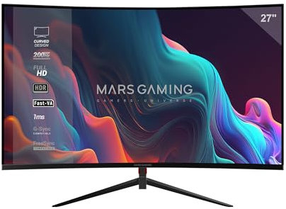 Mars Gaming MV-27C, Monitor Gaming Curvo 27” FHD 1080p 200Hz, HDR10 1ms, FreeSync y G-Sync, Monitor PC Sin Marco, Inclinación 20°, Low Blue Light y Flicker Free, HDMI + DisplayPort + Jack 3.5, Negro