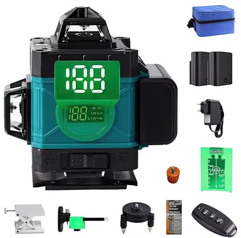 Niveau Laser Autonivelant Vert 4 x 360°, Laser Chantier 4D 16 Lignes, Autonivellement et Mode Pulsé Extérieur, 2 x Batterie, Nivellement Automatique, Support Rotatif, Télécommande