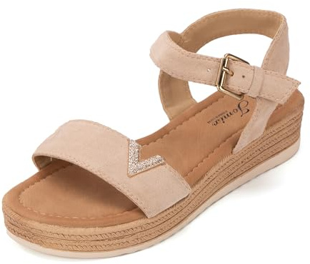 JOMIX Sandali Estive Eleganti da Donna Morbida e Traspirante Suola Resistente All'usura e Antiscivolo Design con Fibbia Regolabile Regolare l'elasticità Liberamente WWS250367-7 (Beige,39)