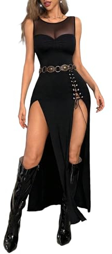 GothDark Womens Sexy Bodycon High Slit Mesh Gothic Y2K Party Midi Outfit