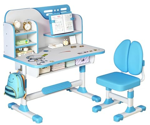 Yoakaiax Tavolo Da Studio Per Bambini Di Alta Qualità, Scrivania E Sedia Regolabili In Altezza Con Motivo Astronauta, Lavagna Grande, Libreria, Cassetto, Ergonomico Per Bambini Dai 3 Ai 18 Anni