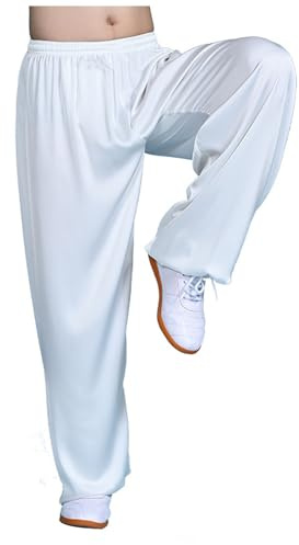 Pantaloni Tai Chi pantalone per Uomini Donne, Arti Marziali Traspiranti con Tasche, Kung di Seta di Latte per Chun Chun(Size:XXXL, Color:Bianco)