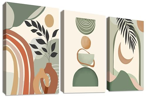 3 Pcs Wooden Framed Canvas Wall Art Set Beige Green Illustrations Painting on Canvas Prints Geometric Lines Sun Moon Leaves Pictures for Living Room Bedroom Hallway Stairs Wall Decor 40x60 cm x3pcs