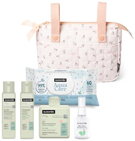 Suavinex, Bolso Carro Bebé tipo Panera, Canastilla Recién Nacido | Incluye: Gel Espumoso, 300 ml + Champú 100 ml + Crema Corporal, 100 ml + Baby Cologne, 50 ml + Toallitas. Rosa