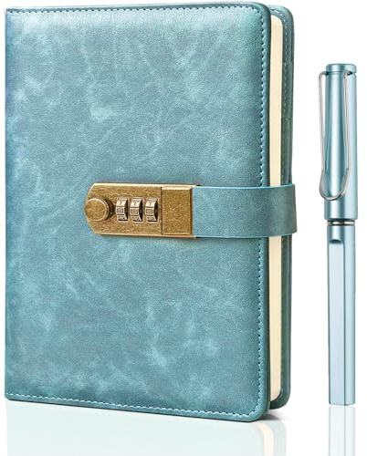 UNIANE Dagbok med Lås, A5 PU-läderdagbok för Flickor, Kvinnor, Män, Vuxna, Studenter, Påfyllningsbar, Vintage Låslogga med Penna, Perfekt för Anteckningar, Planerare, Skrivande, 21 x 15 cm (Blå)